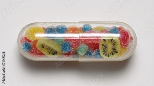 Fototapeta of transparent capsule breaking open to reveal vibrant fruits and herbs inside, symbolizing natural health. Clean white background with upper copy space. [Human]:[Capsules] natural supplement 