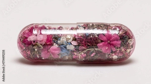 Fototapeta of transparent capsule breaking open to reveal vibrant fruits and herbs inside, symbolizing natural health. Clean white background with upper copy space. [Human]:[Capsules] natural supplement 