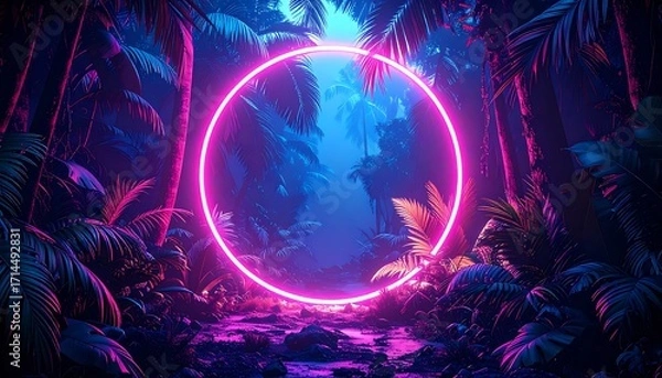Fototapeta Neon circle in a lush tropical jungle