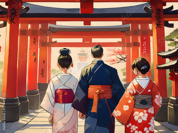 Obraz 赤い鳥居と着物