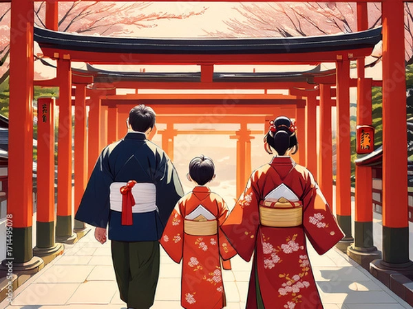 Obraz 赤い鳥居と着物