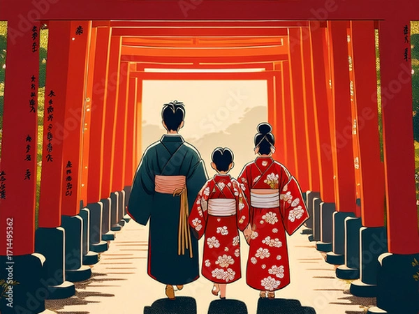 Obraz 赤い鳥居と着物