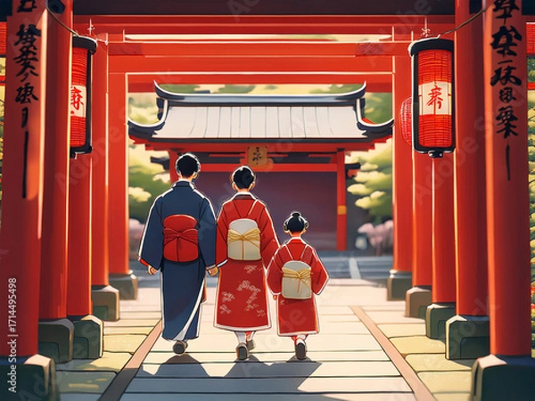 Obraz 赤い鳥居と着物