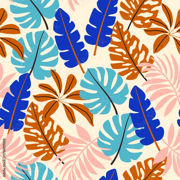 Fototapeta Abstract seamless tropical pattern with bright plants and leaves on a beige background. Seamless pattern with colorful leaves and plants. Jungle leaf seamless vector floral pattern background.