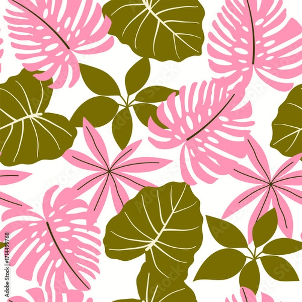 Fototapeta Abstract seamless tropical pattern with bright plants and leaves on a delicate background. Seamless exotic pattern with tropical plants. Vector design. Jungle print. Floral background. 