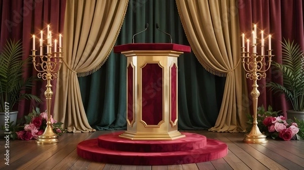 Fototapeta A luxurious red and gold podium stands on a circular stage, flanked by ornate candelabras and lush greenery, creating a dramatic and regal setting for a speech or performance