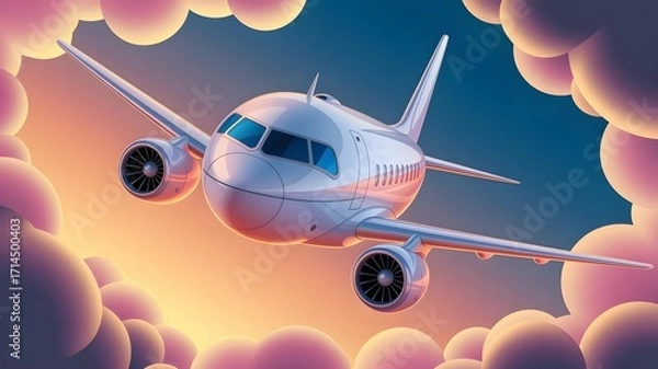 Fototapeta A commercial airplane flying through a sky filled with soft, fluffy clouds during sunset, conveying travel, adventure, and freedom