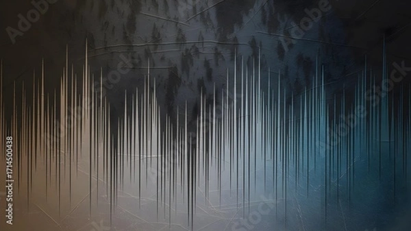 Fototapeta Abstract sound wave visualization with vertical lines of varying heights and colors, set against a dark, textured background with reflections