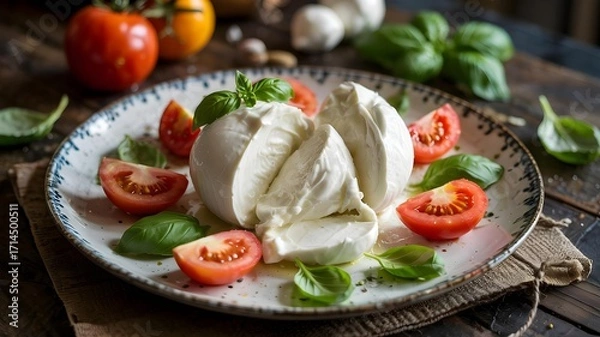 Fototapeta Fresh mozzarella cheese with ripe tomatoes and basil leaves arranged on a rustic plate, a classic italian caprese salad appetizer presented on a wooden table