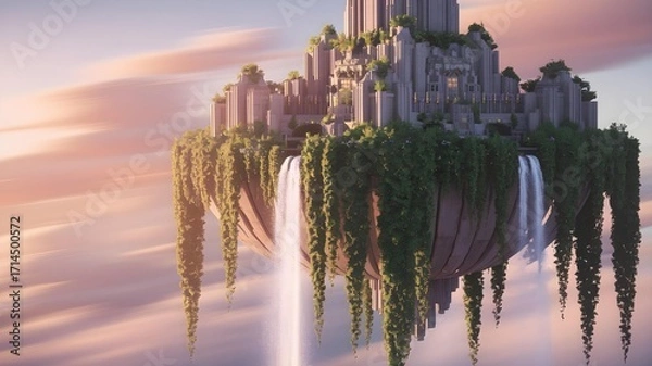 Fototapeta A majestic floating castle city with waterfalls cascading down its sides, nestled among soft clouds during a beautiful sunset