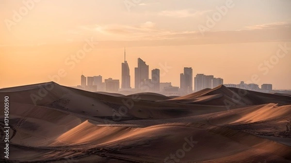 Fototapeta Modern city skyline emerging from sand dunes in the desert during a hazy sunrise or sunset