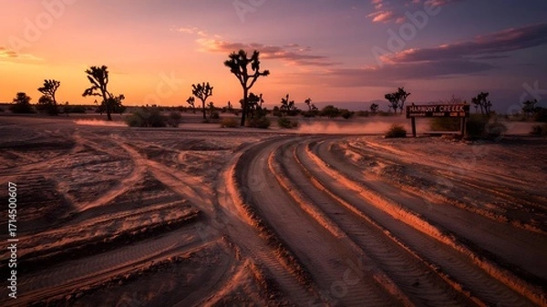 Fototapeta Dusty desert road with tire tracks leading towards joshua trees at sunset with a dramatic sky