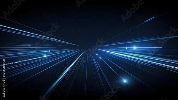 Fototapeta Abstract digital illustration of blue light trails and glowing dots creating a sense of speed and futuristic technology on a dark background