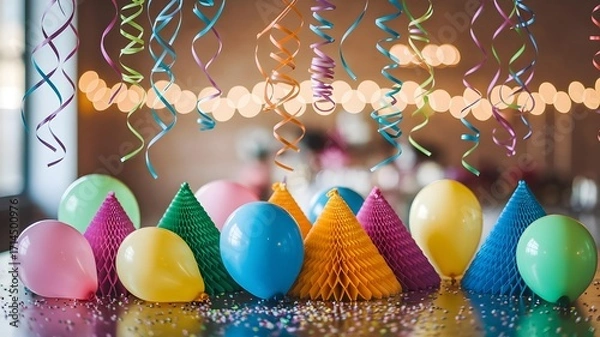 Fototapeta Colorful party decorations including balloons and confetti arranged on a reflective surface with streamers hanging above and bokeh lights in the background