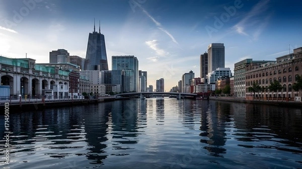 Fototapeta Cityscape reflecting in a river at dusk with modern buildings and a dramatic sky, showcasing urban architecture and waterfront views