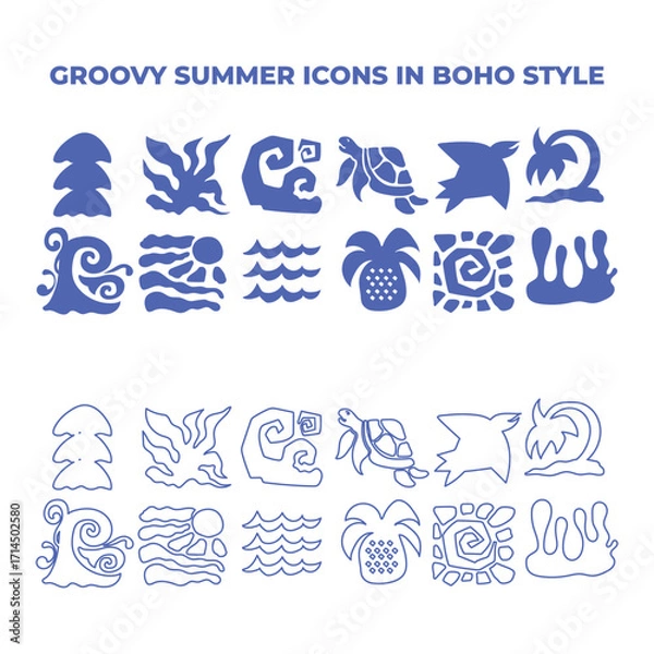 Fototapeta Groovy Summer Icons in Boho Style. Vector Abstract Square Tropical Illustrations in Freehand. Geometric Bird, Sun, Sea Wave, Palm, Flower, Pineapple and Turtle for Logo, Patterns, Print, Stickers