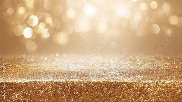 Fototapeta A bright golden background paired with soft bokeh lighting and sparkling sequins, perfect for celebrations, weddings, festive parties, Christmas, or New Year's Eve events.