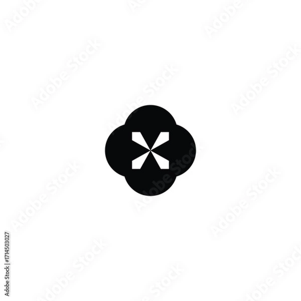 Fototapeta Abstract black shape with clover-like form contains white lines forming an 'X', presented on a clean white background