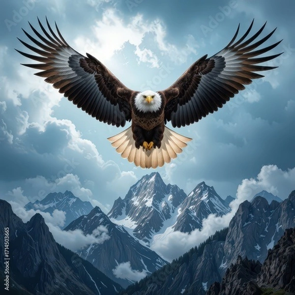 Fototapeta A bald eagle with outstretched wings flies gracefully over a range of snow-covered mountains