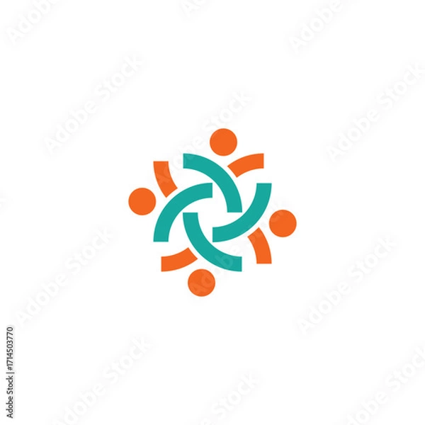Fototapeta A geometric graphic featuring interconnected teal and orange shapes forming a circular design, symbolizing unity and teamwork against a clean white background, ideal for business and social media.