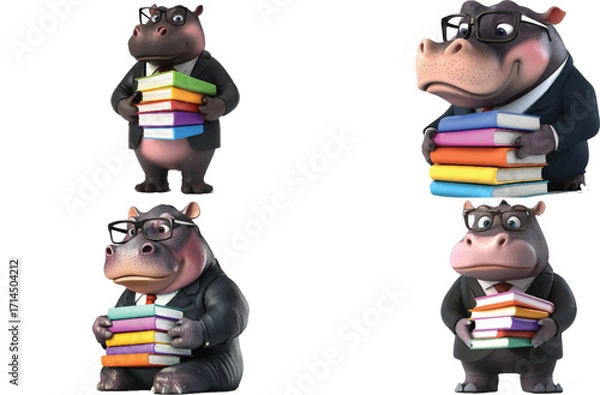 Fototapeta 3d cartoon hippopotamus wearing a suit and glasses, holding a stack of colorful books, against a white background