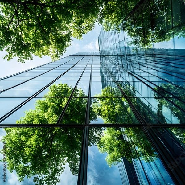 Obraz Modern glass skyscraper reflecting lush green trees and blue sky