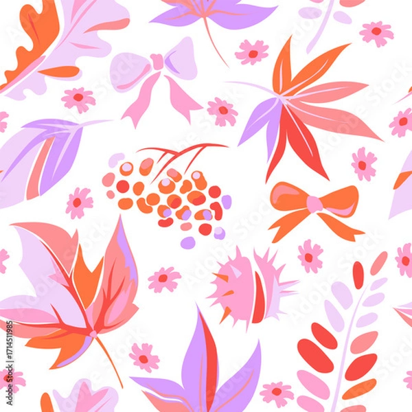 Fototapeta Autumn pattern with colorful leaves, berries, flowers and bows on a white background. Cute fall pattern. Maple leaves, acacia, oak, rowan berries in pink and purple colors. Vector illustration.