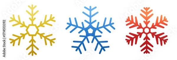 Fototapeta set of three different christmas snowflakes decoration in red, blue and gold isolated on white or transparent png