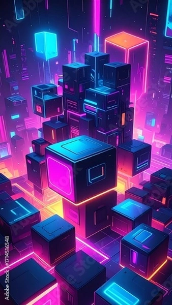 Obraz Neon cubes in a futuristic city