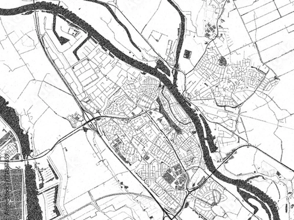 Fototapeta Illustrated city map of Kampen, Netherlands, in black and white, showing roads and textures.