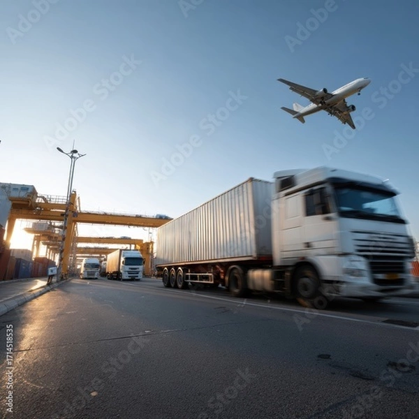 Fototapeta Busy logistics hub with trucks and airplane highlights dynamic nature of transportation industry, showcasing efficient cargo movement and global connectivity