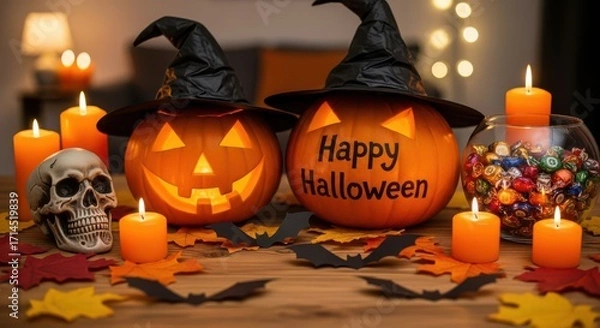 Obraz Halloween Decoration with Jack-o-Lanterns and Candies