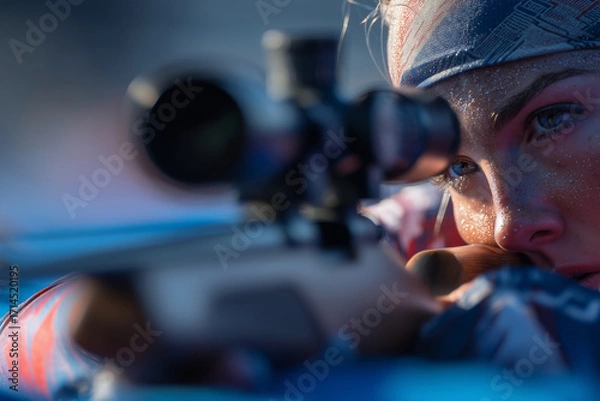 Fototapeta Focused concentration in an intimate shooting position at sunset