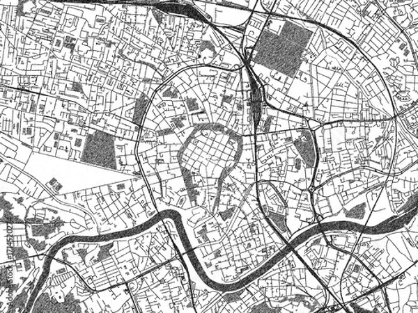 Fototapeta Stylized decorative city map of Krakow city center, Poland, hand-drawn in black and white.