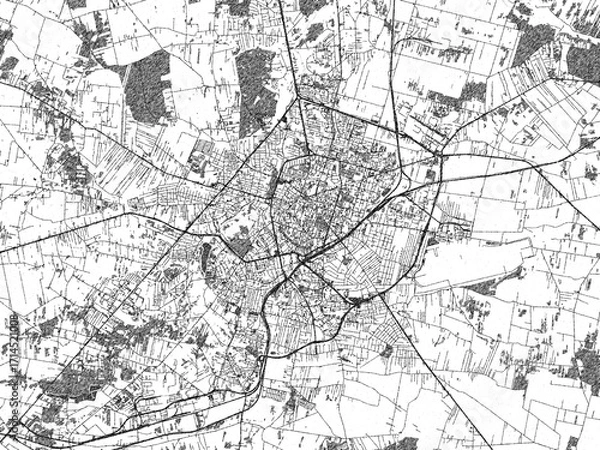 Fototapeta Artistic monochrome city map of Radom, Poland, created in a hand-drawn style.
