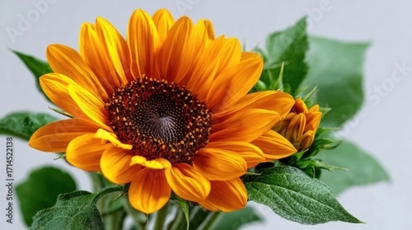 Fototapeta Sunflower's Vibrant Embrace: A captivating macro shot showcases the radiant beauty of a sunflower. The vivid petals burst forth in a dance of color, accompanied by a delicate bud.