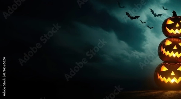 Obraz Spooky Stacked Jack O Lanterns Bats Night Sky