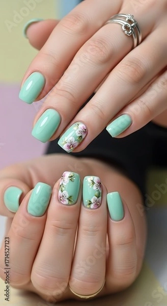 Fototapeta Mint green nails adorned with delicate floral designs, showcasing a soft and feminine aesthetic.