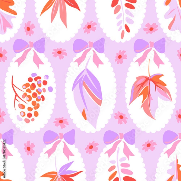 Fototapeta Autumn pattern with colorful leaves, berries, flowers and bows on a lilac background. Maple leaves, acacia, oak, rowan berries in white ovals. Pink, purple and red colors. Cute vector pattern.