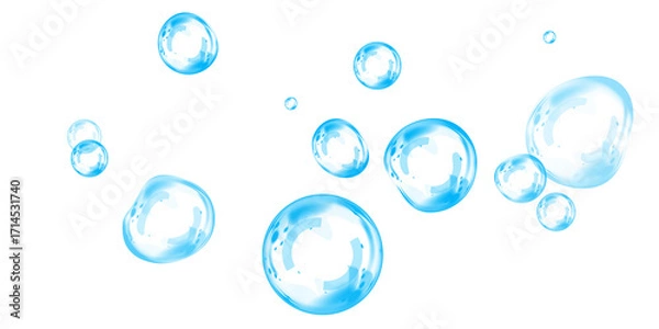 Fototapeta Blue soap bubbles, liquid sphere, foam freshness, underwater floating, vibrant dew, abstract shine, washing concept.