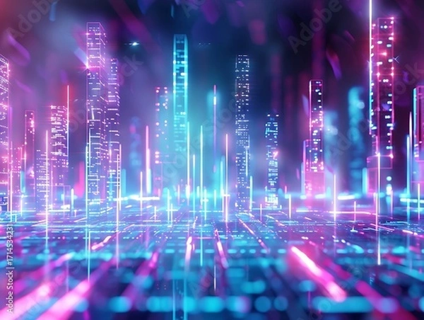 Fototapeta Futuristic cityscape with glowing skyscrapers and neon lights in dark atmosphere, digital landscape background