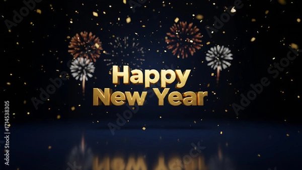 Fototapeta Happy New Year 3D Text in Shiny Gold Color on Festive Celebration Event Background, Modern 3D Cartoon Illustration Style for Holiday Greeting, Party Design, Decorative Banner and Seasonal Artwork