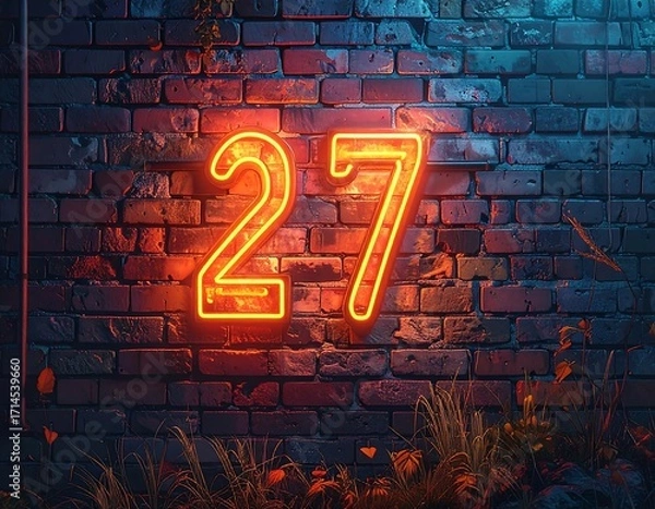Fototapeta Neon numbers 27 on a brick wall at night