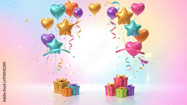 Fototapeta Element Box Gift, Colorful Balloon and Ribbon Decoration for Party Celebration Background Design. Festive Holiday, Birthday, Christmas, New Year Clipart Illustration for Creative Projects