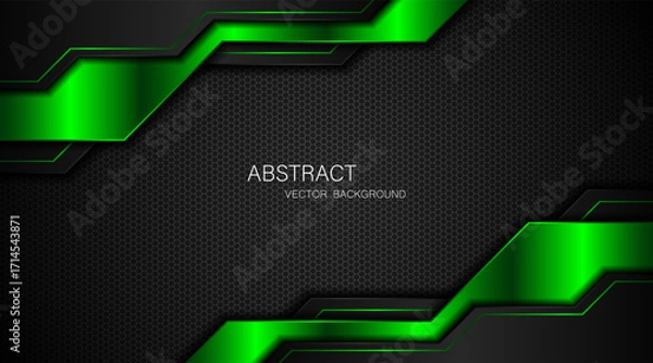 Fototapeta Abstract black and green polygon with green glow lines on dark steel mesh background with free space for design. modern technology innovation concept background	