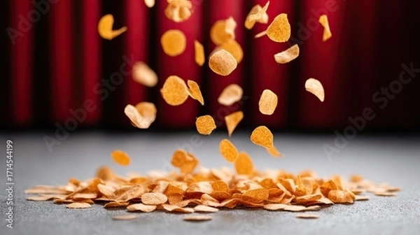 Fototapeta Colorful potato chips fall on a dark surface in front of a red curtain, creating a playful and dynamic scene filled with crispy pieces