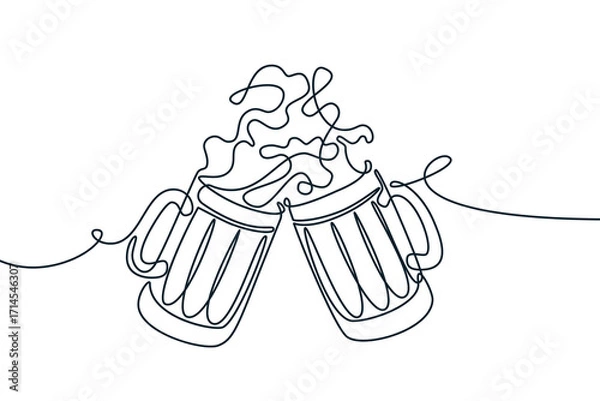 Fototapeta Vector continuous line illustration of two beer mugs with splash drinks. Design for bar pub menu, party banner or poster