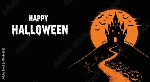 Obraz Happy Halloween Spooky Castle Full Moon Bats Jackolanterns Festive Night