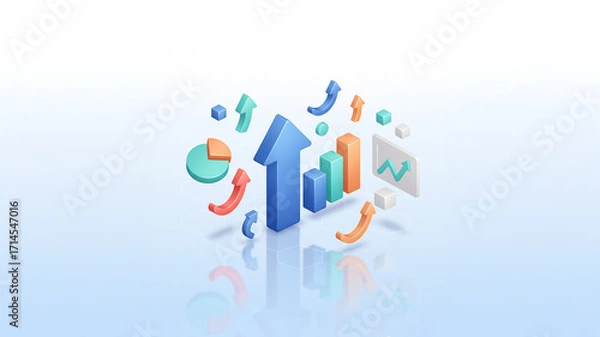 Fototapeta 3D Colorful Illustration of Business Elements with Graph, Arrow, and Chart for Modern Corporate Design Background, Perfect for Finance, Marketing, Analytics, Growth, and Technology Concepts