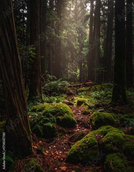 Fototapeta Lush forest floor bathed in soft sunlight